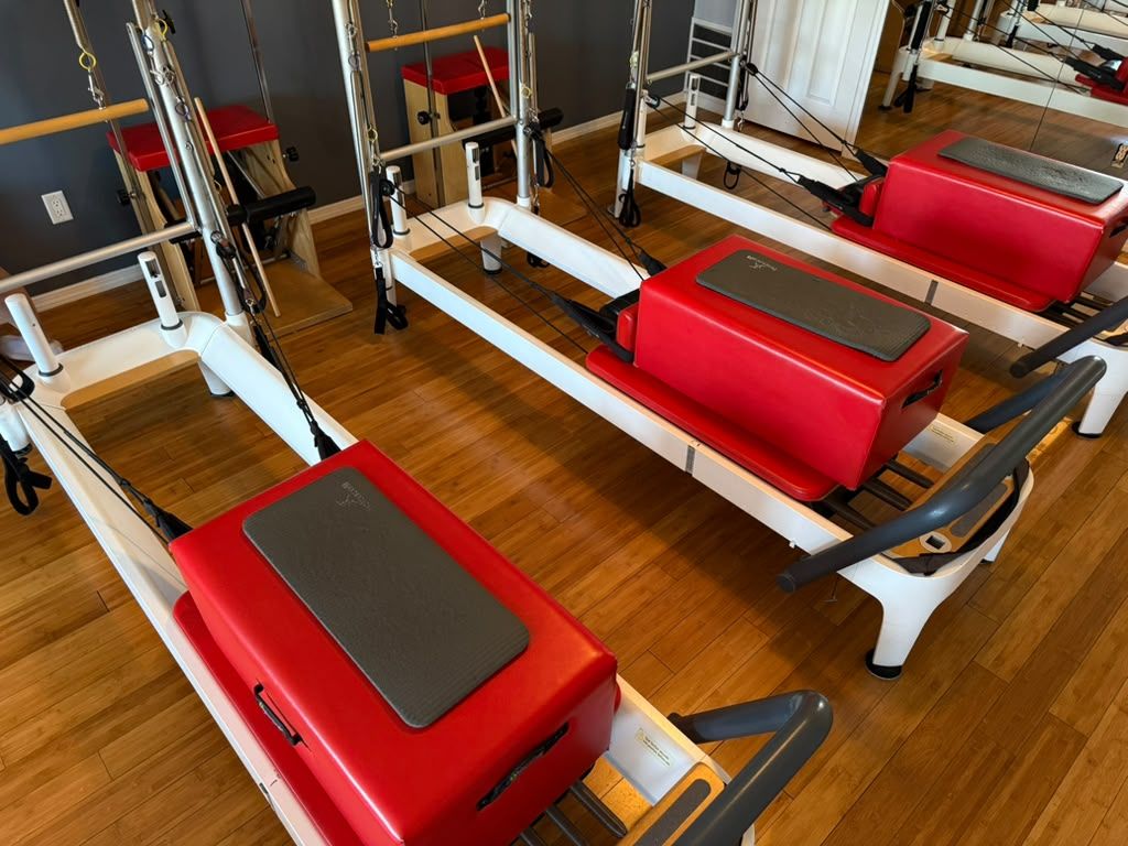 Red reformers with sitting boxes at BodyLine Pilates